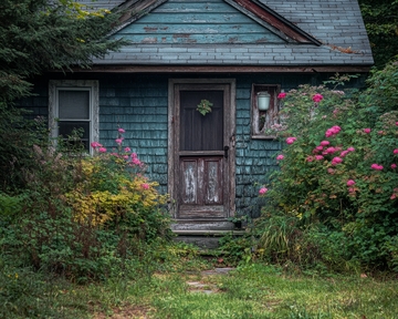 老旧木屋与繁茂花丛