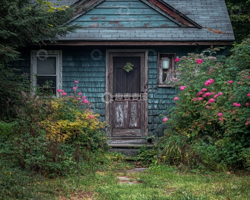 高清大图下载【趣麦麦图】老旧木屋与繁茂花丛