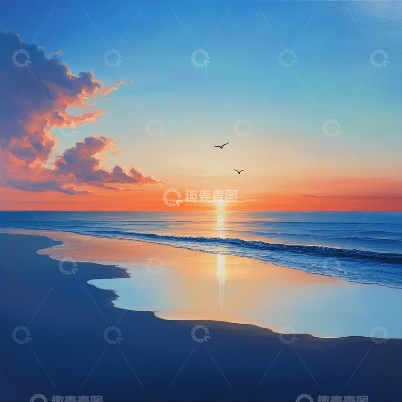 高清大图下载【趣麦麦图】夕阳海滩，飞鸟掠影