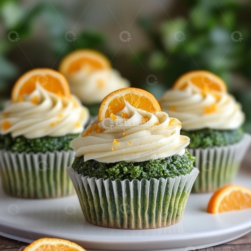 高清大图下载【趣麦麦图】橙香绿底纸杯蛋糕