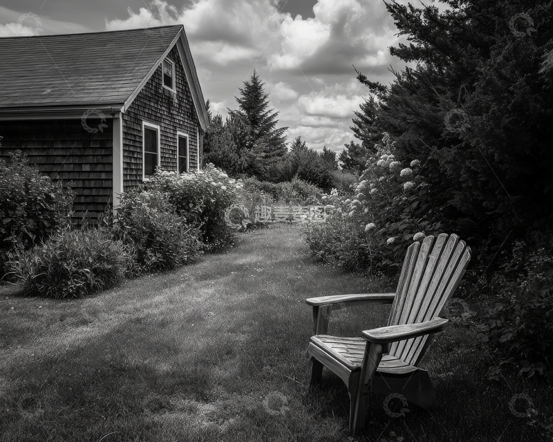 高清大图下载【趣麦麦图】庭院中的木椅与绿植