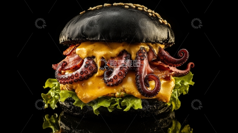 高清大图下载【趣麦麦图】创意黑汉堡配章鱼触手