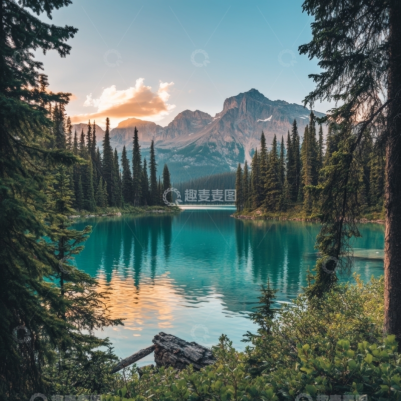 高清大图下载【趣麦麦图】湖畔松林与远山的宁静美景