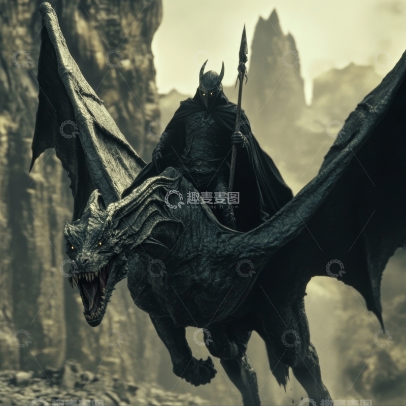 高清大图下载【趣麦麦图】黑暗骑士骑乘巨龙翱翔山巅
