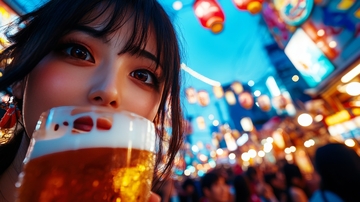 夜市中手持啤酒的女子