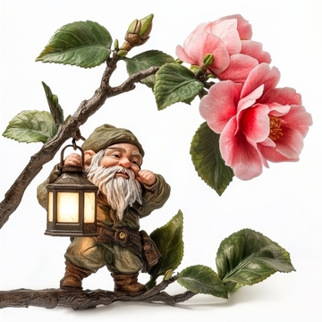 手持灯笼的小矮人与粉色花朵