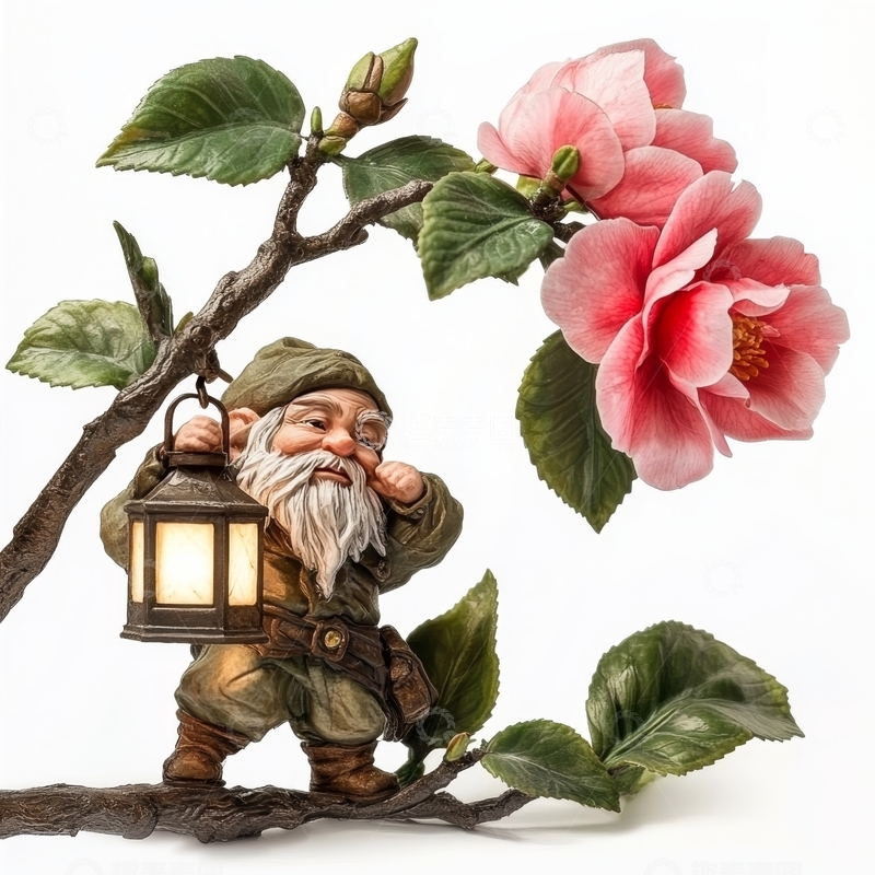 高清大图下载【趣麦麦图】手持灯笼的小矮人与粉色花朵