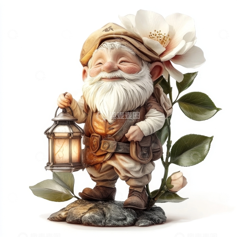 高清大图下载【趣麦麦图】手持灯笼的微笑小矮人与大花