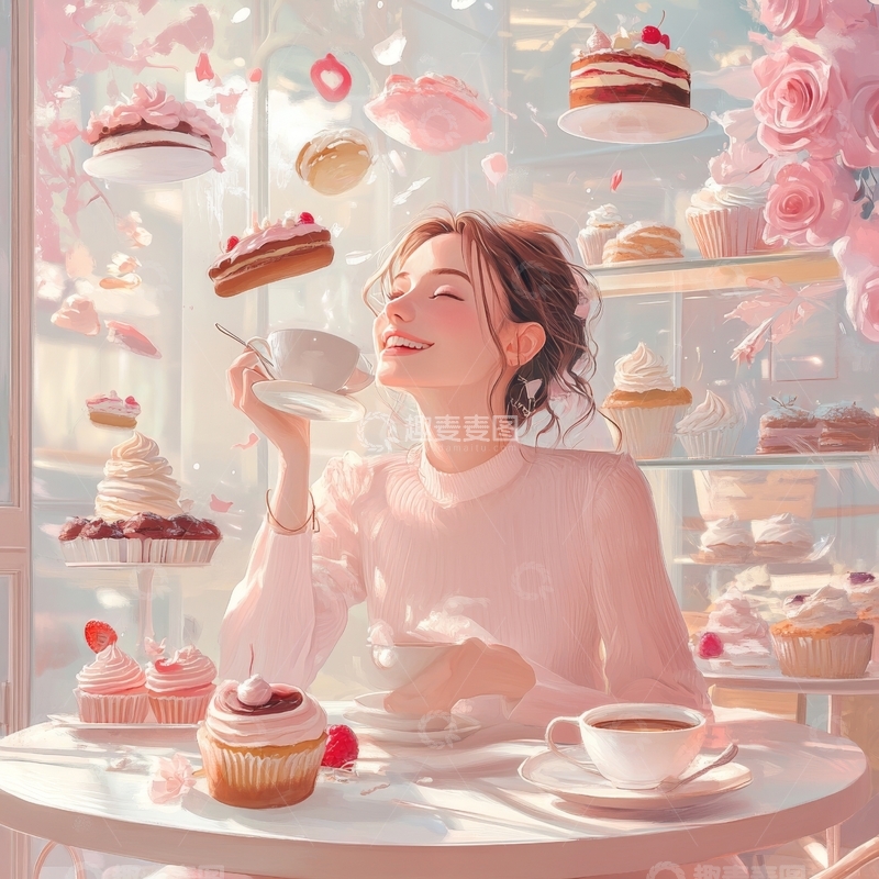 梦幻甜品店中的微笑女子