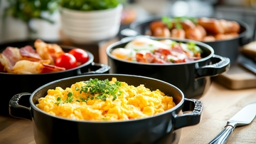 丰盛早餐：炒蛋、培根与烤肠