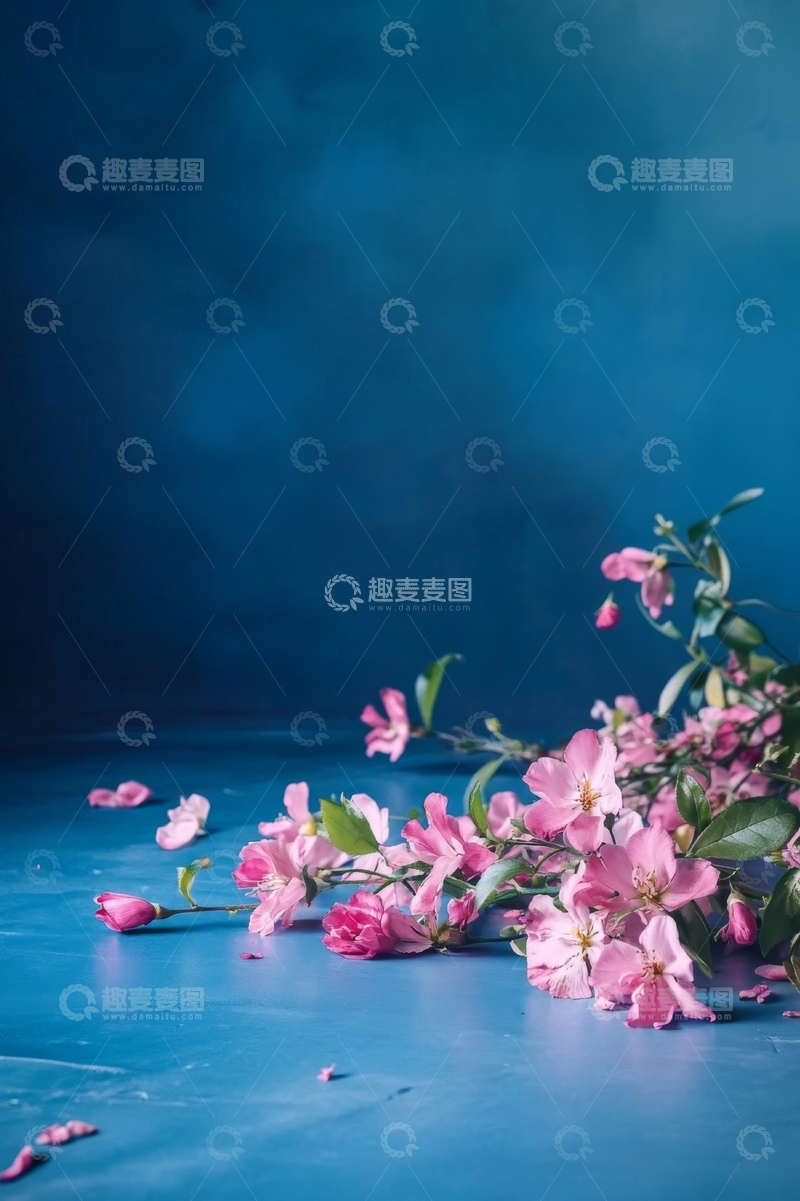 高清大图下载【趣麦麦图】粉色樱花枝在蓝色背景下的静谧之美