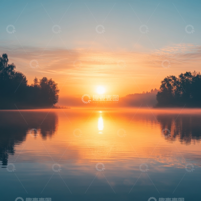 高清大图下载【趣麦麦图】湖面日出，晨雾缭绕