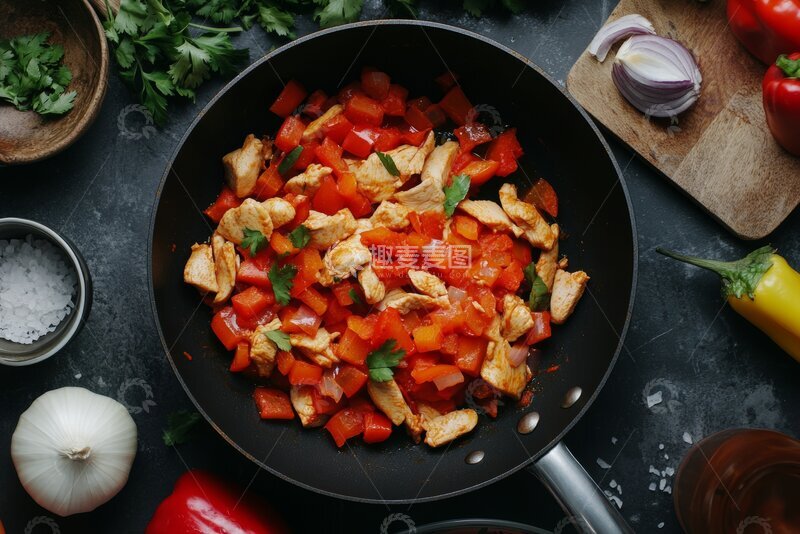 高清大图下载【趣麦麦图】炒锅中的鸡肉与红椒