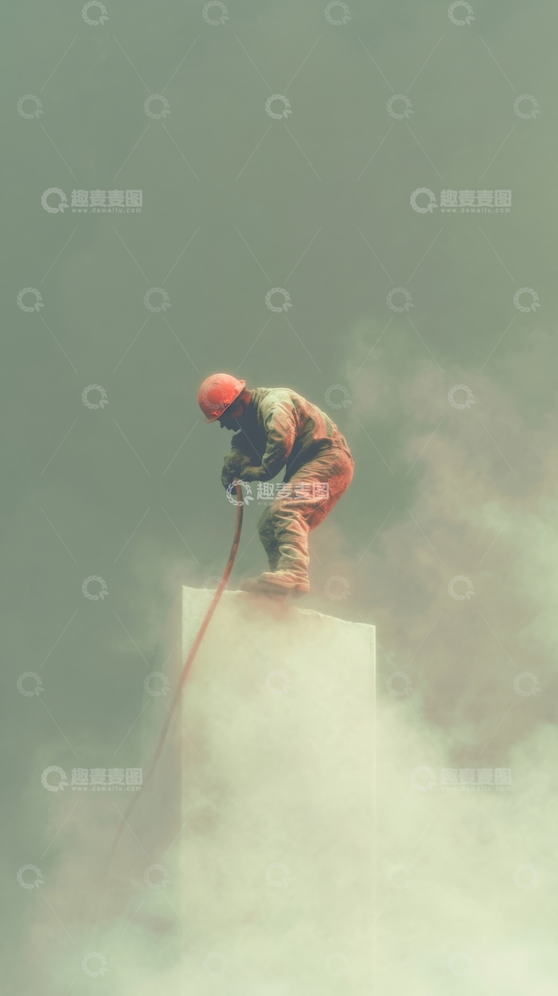 高清大图下载【趣麦麦图】工人在烟雾中进行高空作业