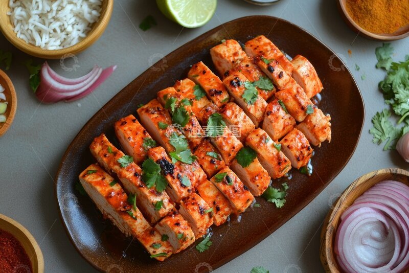 高清大图下载【趣麦麦图】香辣烤鸡块配米饭和洋葱