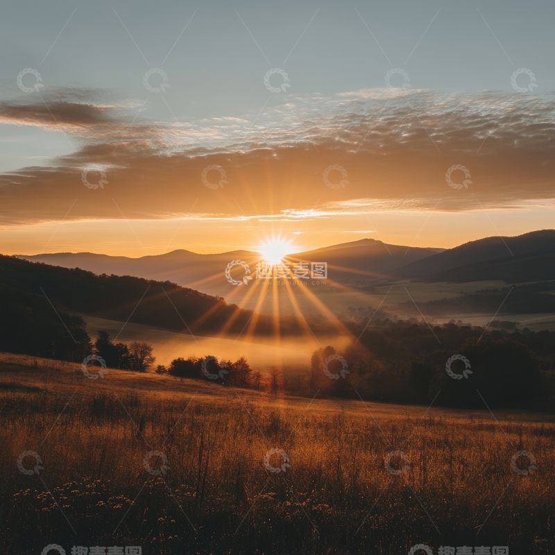 高清大图下载【趣麦麦图】日出山间，光芒四射