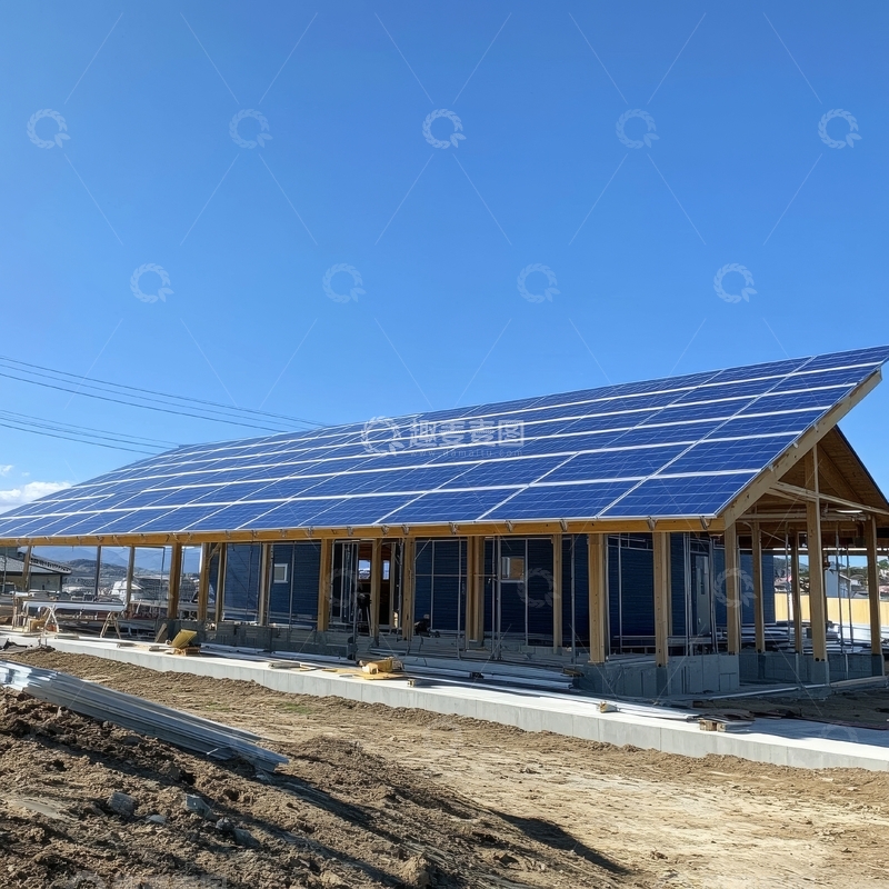 高清大图下载【趣麦麦图】屋顶安装太阳能板的在建房屋