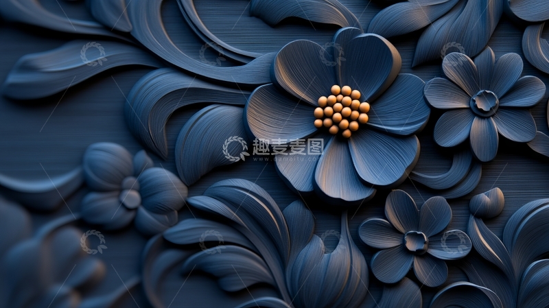 高清大图下载【趣麦麦图】深蓝立体花卉艺术图案