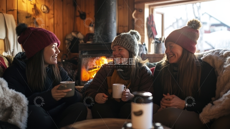 高清大图下载【趣麦麦图】三人围炉畅谈，温馨冬日时光
