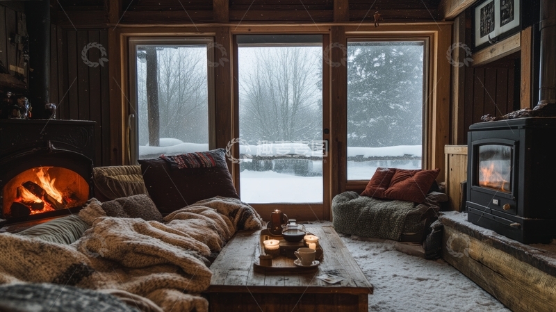 高清大图下载【趣麦麦图】温馨木屋客厅，窗外雪景如画