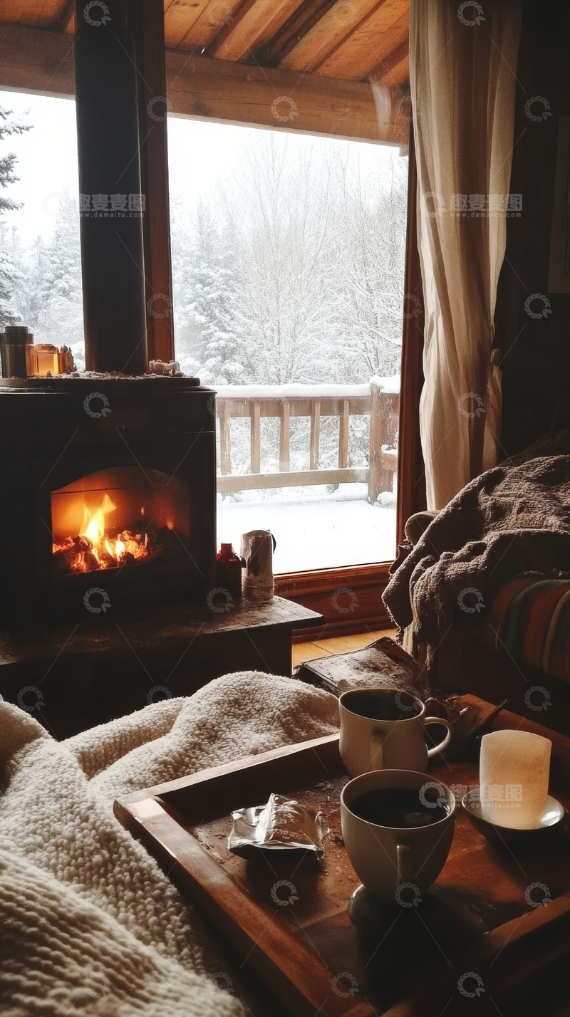 高清大图下载【趣麦麦图】冬日暖居，炉火与咖啡的温馨时光