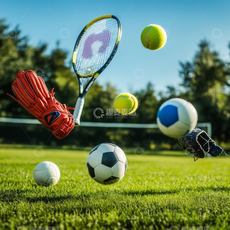 高清大图下载【趣麦麦图】多种运动器材在草地上飞舞