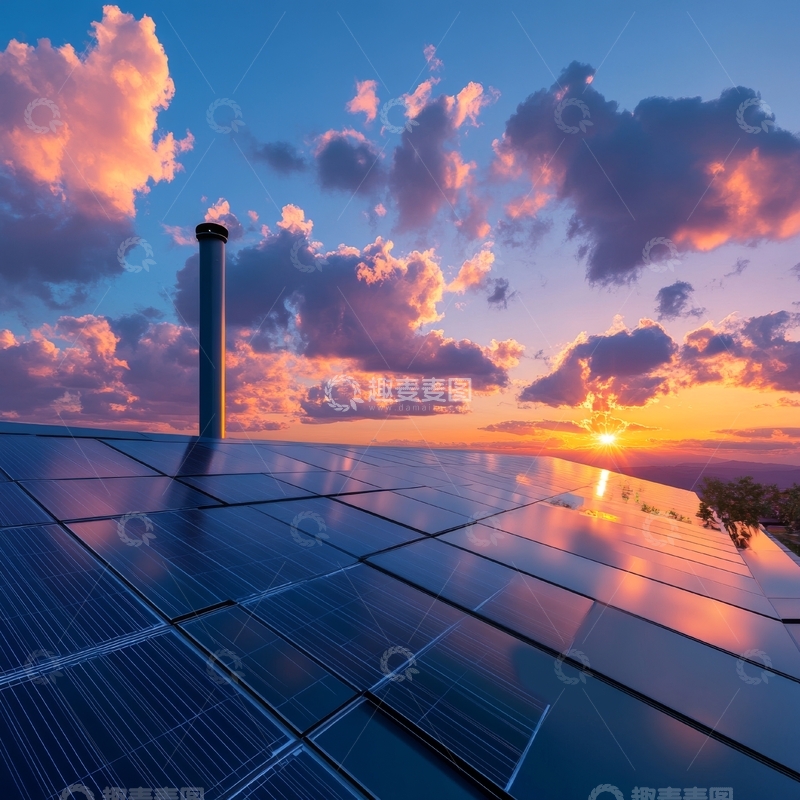 高清大图下载【趣麦麦图】日落时分的太阳能板