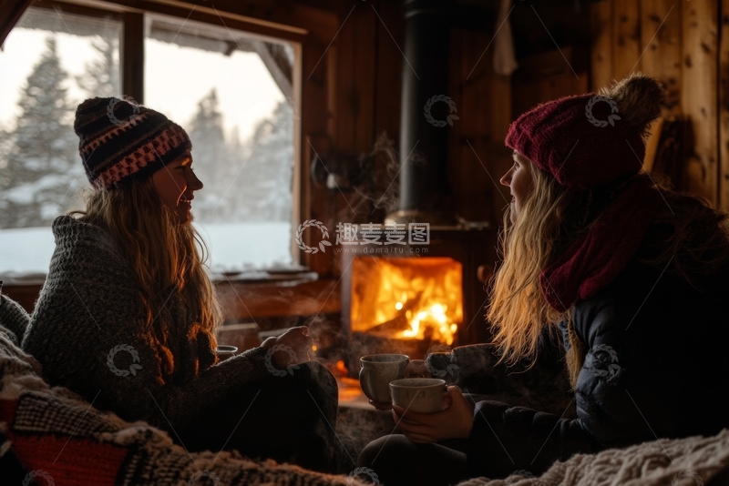 高清大图下载【趣麦麦图】冬日小屋内，两人围炉品茶