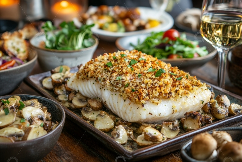 高清大图下载【趣麦麦图】酥脆面包屑烤鱼配蘑菇和蔬菜