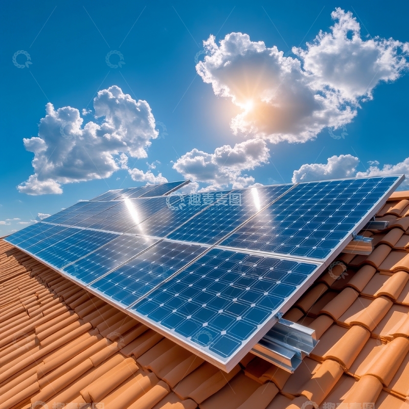 高清大图下载【趣麦麦图】屋顶太阳能板与蓝天白云