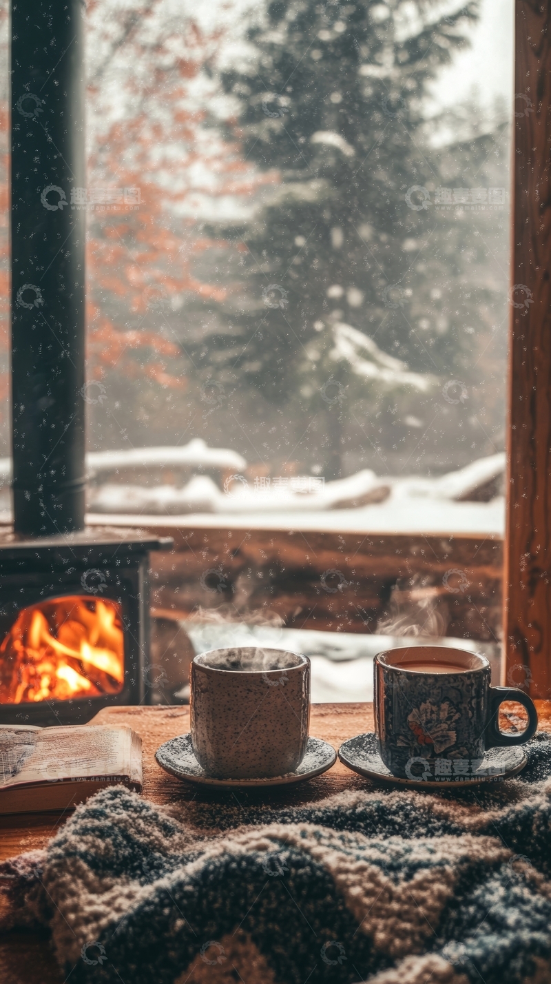 雪景窗外，炉火旁的温暖咖啡