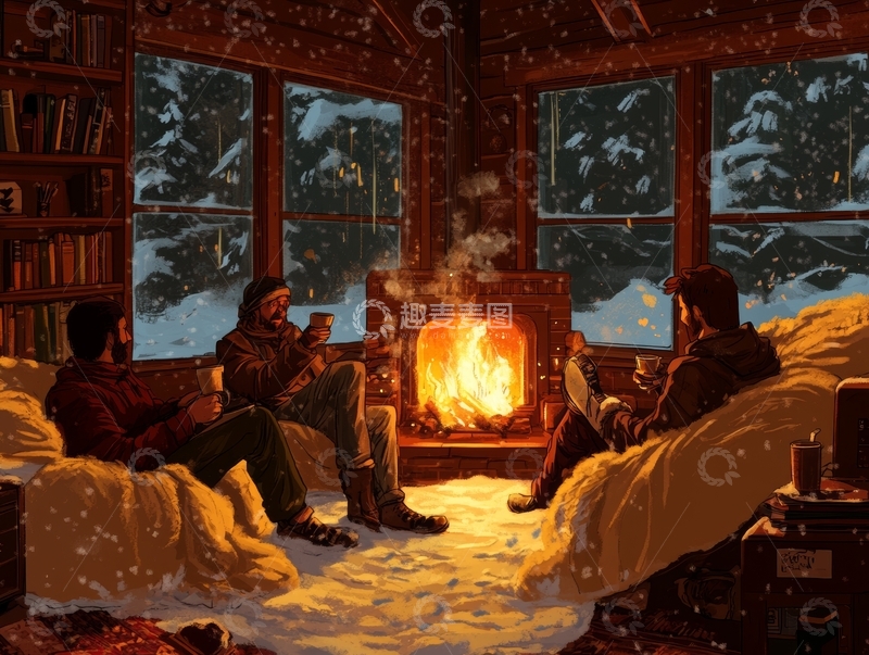 高清大图下载【趣麦麦图】冬夜炉火旁的温馨相聚