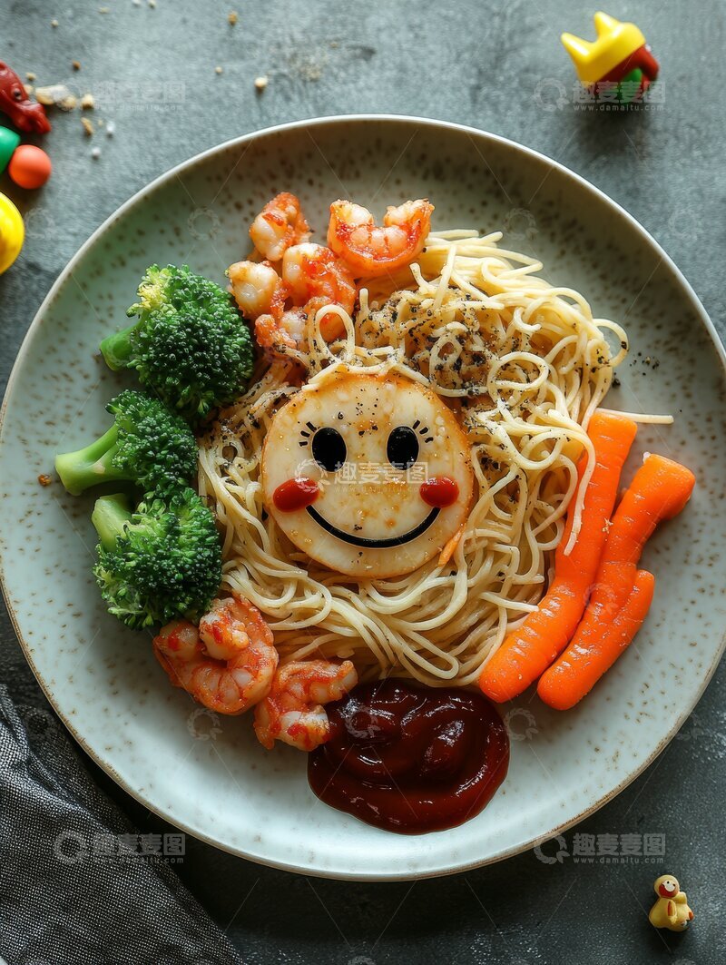 高清大图下载【趣麦麦图】创意儿童餐：笑脸意面配蔬菜虾仁