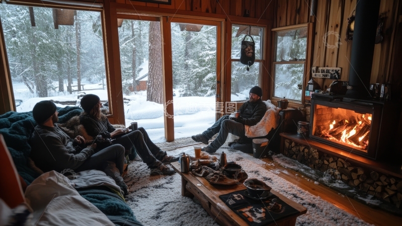 高清大图下载【趣麦麦图】雪景木屋内，三人围炉闲聊