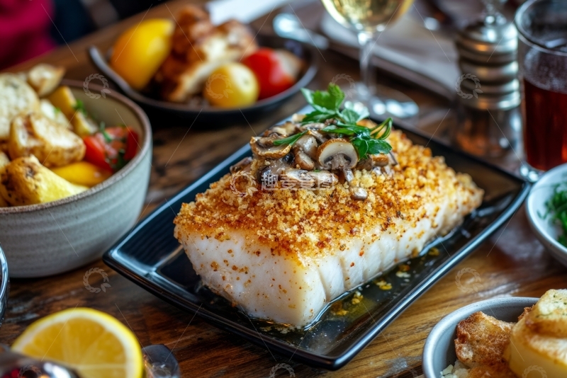 高清大图下载【趣麦麦图】酥脆烤鱼配蘑菇和香草