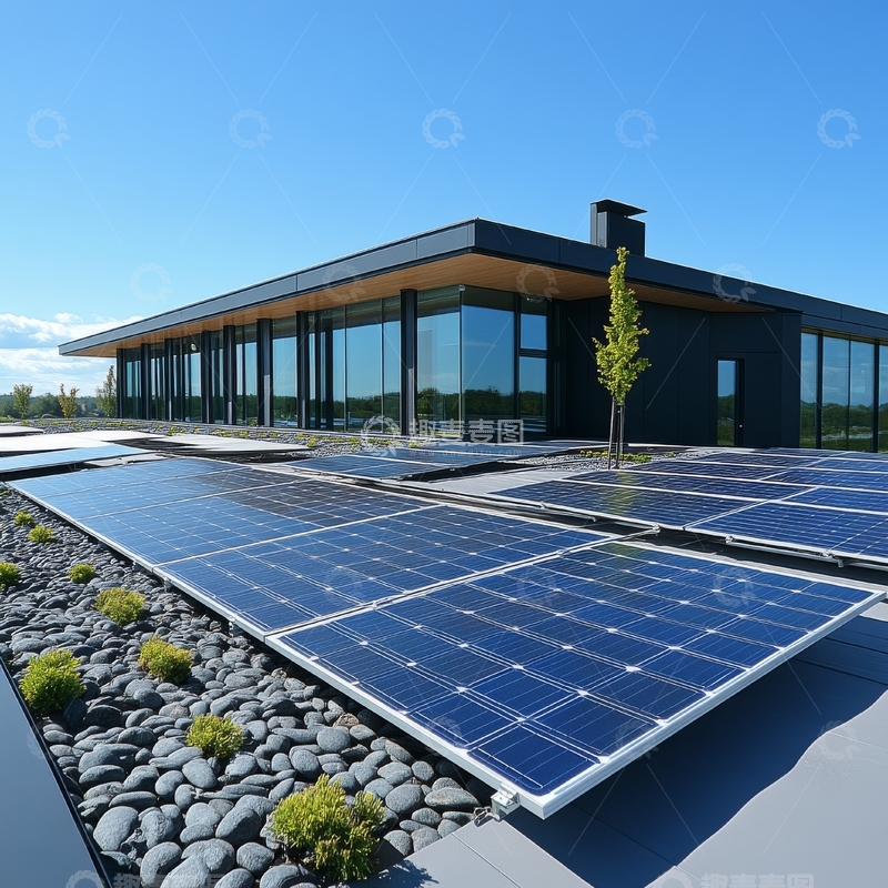 高清大图下载【趣麦麦图】现代建筑前的太阳能板阵列