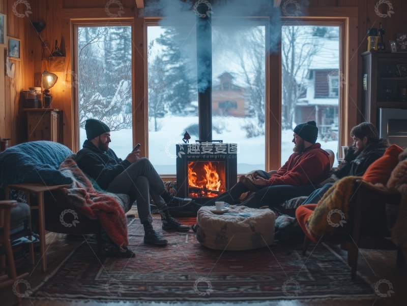 高清大图下载【趣麦麦图】冬日暖炉旁的温馨相聚