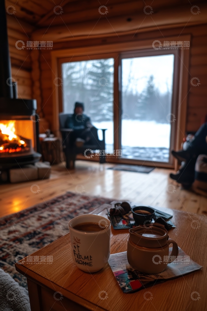 高清大图下载【趣麦麦图】冬日木屋内温馨的咖啡时光