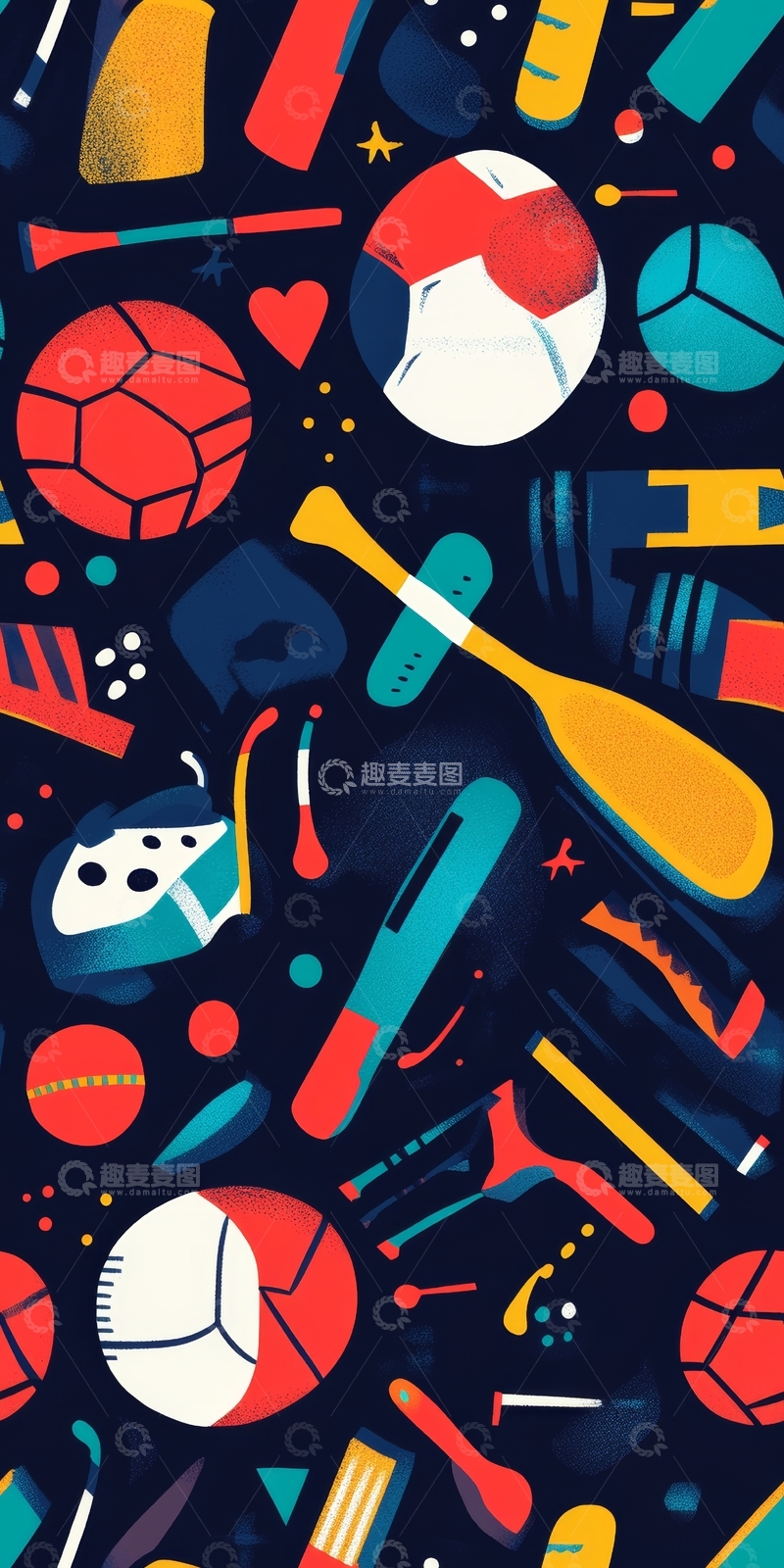 高清大图下载【趣麦麦图】多彩运动器材与球类的抽象图案