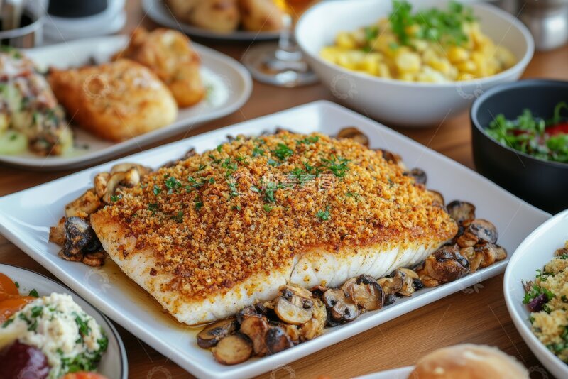 高清大图下载【趣麦麦图】酥脆面包屑烤鱼配蘑菇