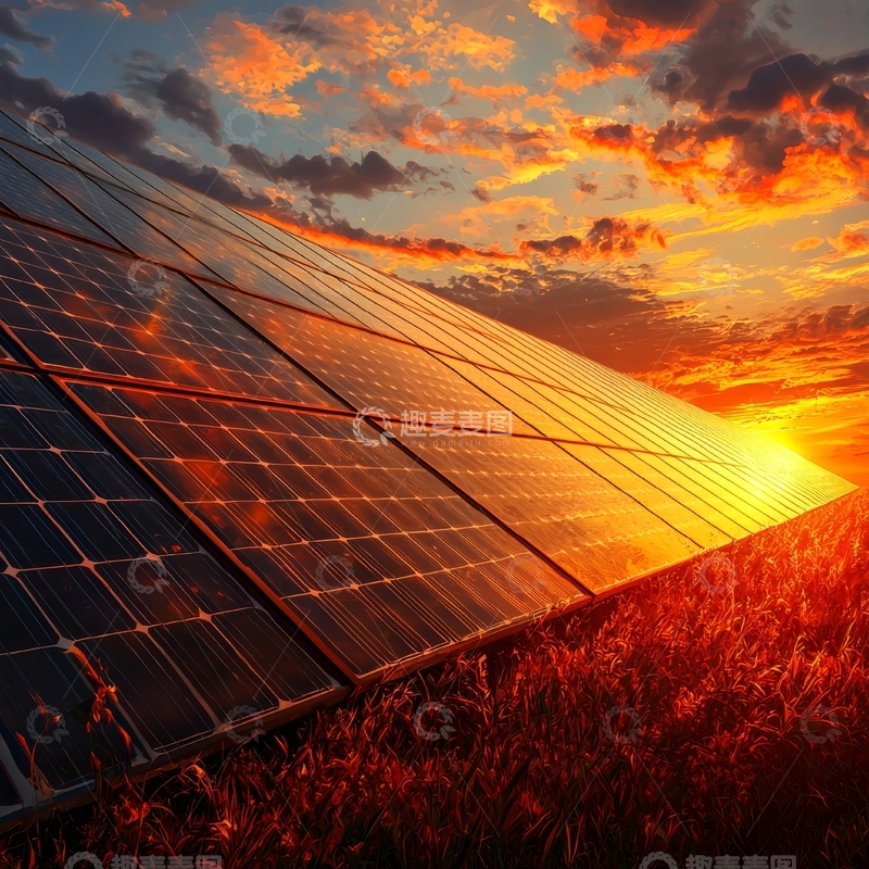 高清大图下载【趣麦麦图】夕阳下的太阳能板
