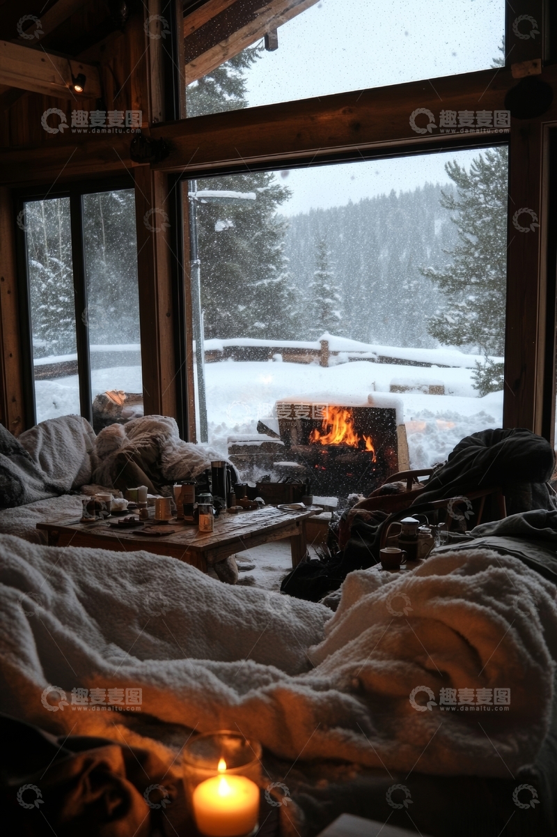 雪景窗外，室内温暖炉火与柔软毯子