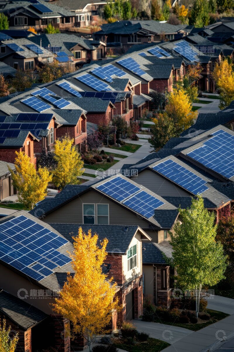 高清大图下载【趣麦麦图】住宅区屋顶太阳能板俯瞰图