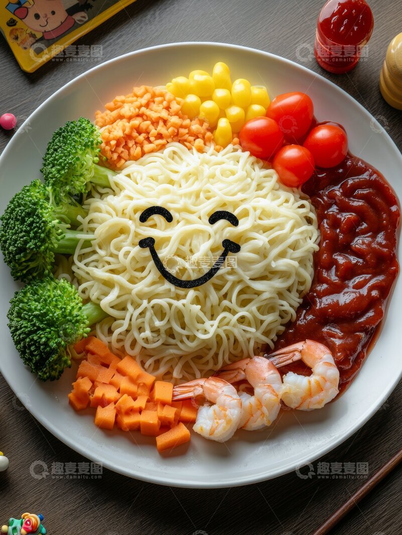 高清大图下载【趣麦麦图】创意笑脸面条配蔬菜虾仁