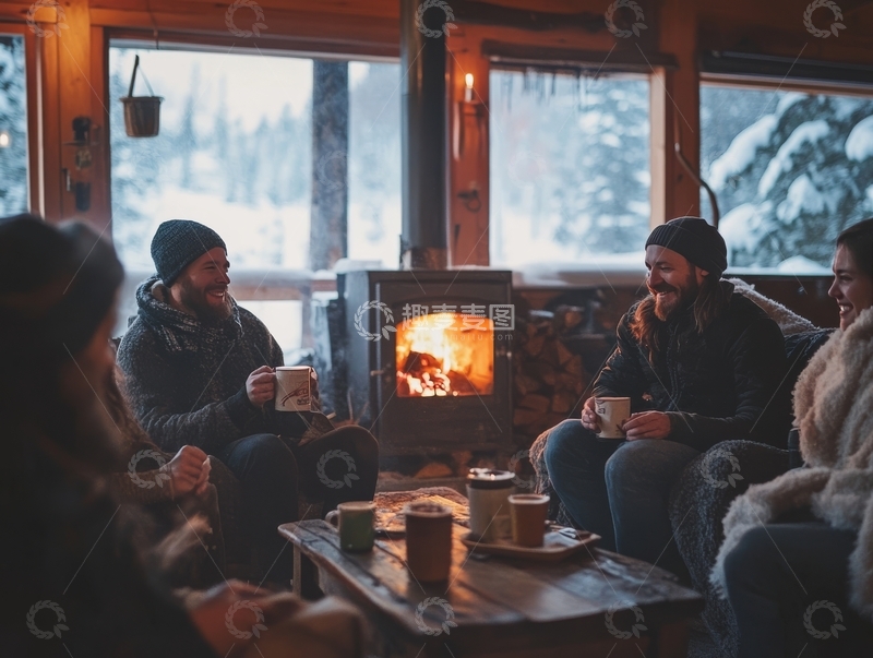高清大图下载【趣麦麦图】冬日小屋内，朋友围炉畅谈