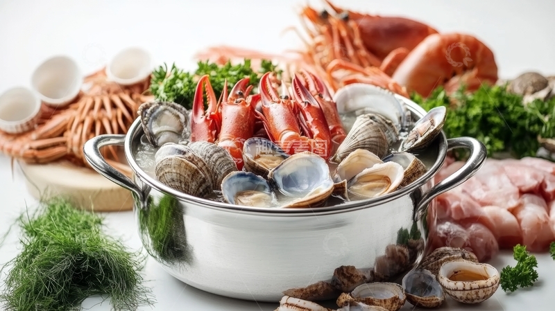 高清大图下载【趣麦麦图】海鲜盛宴：龙虾、蛤蜊与扇贝的组合