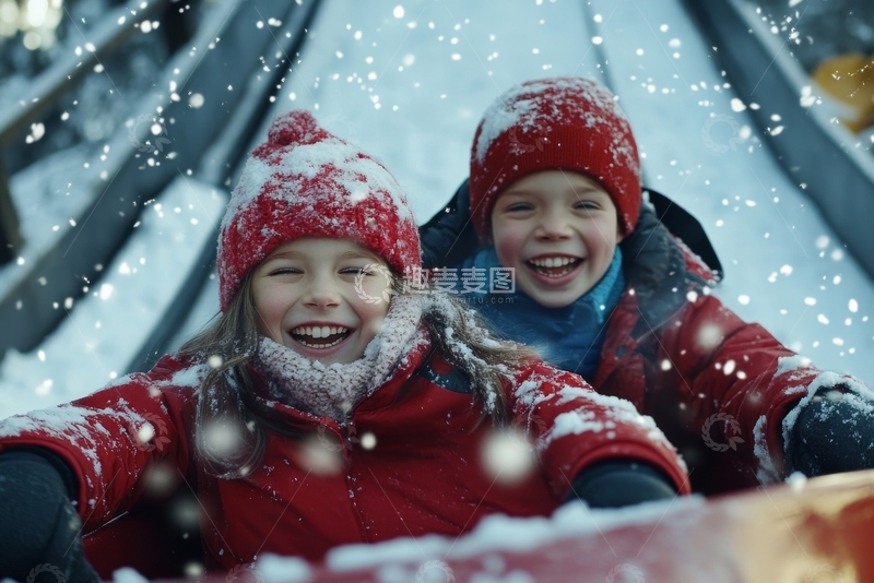 雪中嬉戏的两个孩子