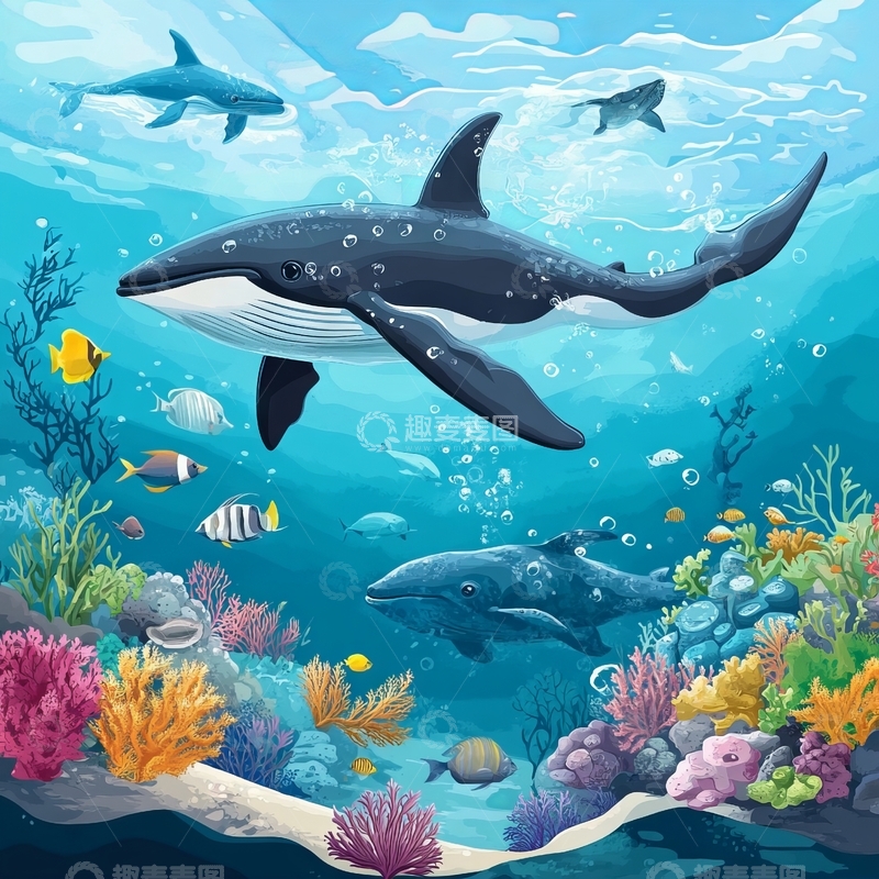 高清大图下载【趣麦麦图】海底世界：鲸鱼与珊瑚礁