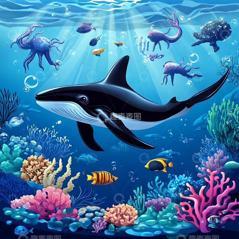 高清大图下载【趣麦麦图】海底世界：虎鲸与多彩珊瑚