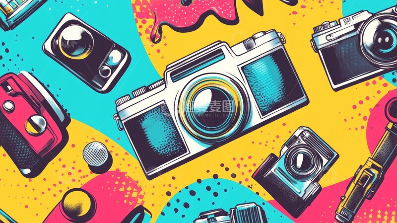 高清大图下载【趣麦麦图】多彩复古相机插画